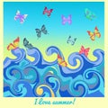 Butterflies rest on the sea in summer. illustration Royalty Free Stock Photo