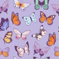 Butterflies seamless pattern flying beautiful spring and summer insects vector cartoon illustration. Royalty Free Stock Photo