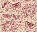 Butterflies seamless pattern insect Dogrose Rosehip Beautiful floral Flowers realistic Engraving drawing Vector Illustration moths