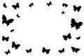 Butterflies silhouette flying, border arrangement isolated on white background. Random scattered butterfly silhouettes
