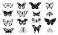Butterflies silhouettes. Black sketches of flying winged insects, monochrome doodle butterfly contours for tattoo