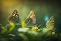 Butterflies In A Spring Meadow Against The Background Of Blurred Nature And Sun Rays, A Forest Meadow