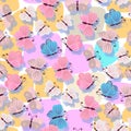 Butterflies and their shadows on a multicolored patchwork background. Vector spring design. Gentle seamless pattern