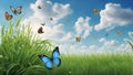 Butterflys Twirling Over Verdant Grasslands Under a Cloud-Strewn Sky Ai Generated