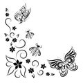 Butterflies, wasps and flowers. Summer stylized composition. Drawing a black line. Frame. Copy space