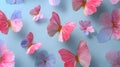 A pastel blue background with pink and blue butterflies and flowers scattered across the surface area on transparent background Royalty Free Stock Photo