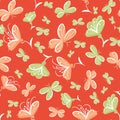 Butterfliies garden with doodle flowers seamless vector pattern in vibrant red Royalty Free Stock Photo