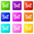 Butterfly with abstract patterning on wings icons set 9 color collection Royalty Free Stock Photo