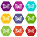 Butterfly with abstract patterning on wings icons set 9 vector Royalty Free Stock Photo