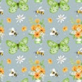 Butterfly and bees. Watercolor seamless pattern with butterflies, bees and wildflowers. A bouquet of sunflowers in a Royalty Free Stock Photo