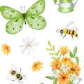 Butterfly and bees. Watercolor seamless pattern with butterflies, bees and wildflowers. A bouquet of sunflowers in a Royalty Free Stock Photo