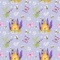 Butterfly and bees. Watercolor seamless pattern with butterflies, bees and wildflowers. Lavender and Chamomile with Royalty Free Stock Photo