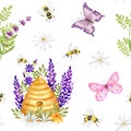 Butterfly and bees. Watercolor seamless pattern with butterflies, bees and wildflowers. Lavender and Chamomile with Royalty Free Stock Photo