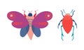 Butterfly and Beetle Insects as Hexapod Flying Creature with Jointed Legs and Pair of Antennae Vector Set