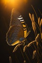 A butterfly on a blade of grass in the sunlight.