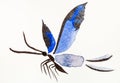 Butterfly with blue wings drawn in sumi-e style