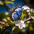 Butterfly on a branch of a blooming apple tree in spring Royalty Free Stock Photo