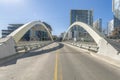 Butterfly bridge with view of buildings and blue sky in downtown Austin Texas