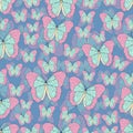 Butterfly cartoon drawing seamless pattern, vector background. Abstraction drawn insect with pastel pink turquoise wings on blue b