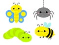 Butterfly, caterpillar, spider, bee bumblebee catapillar honeybee. Insect set line. Cute cartoon funny kawaii baby animal