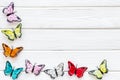 Butterfly - colorful and bright set - on white wooden background top-down frame copy space