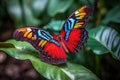 a butterfly with colorful wings sitting on a leaf. Generative Ai Royalty Free Stock Photo