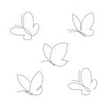 Butterfly continuous line vector illustration set. Collection of butter fly made with single editable path.