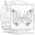 Butterfly drawing with palette and brushes.Coloring book antistress for children and adults.