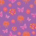 Butterfly Dream-Butterfly Garden,seamless repeat pattern in yellow,orange,pink on purple background. Royalty Free Stock Photo