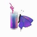 Butterfly drinks a cocktail. Isolated vector illustration
