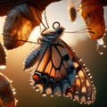 Butterfly emerged from the chrysalis, hanging on branch