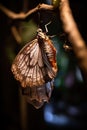 butterfly emerging from a chrysalis on a branch