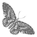 Butterfly with ethnic doodle pattern. Zentangle inspired pattern for anti stress coloring book pages for adults and kids