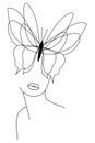 Butterfly. Butterfly face, continuous line, face and hairstyle drawing