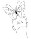 Butterfly. Butterfly face, continuous line, face and hairstyle drawing