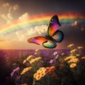 Butterfly in the field of flowers and rainbow in the sky Royalty Free Stock Photo