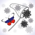 A butterfly with the flag of Russia catches virus molecules with a net