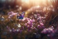 A butterfly flies over blooming flowers. Generative AI