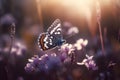 A butterfly flies over blooming flowers. Generative AI