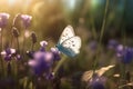 A butterfly flies over blooming flowers. Generative AI