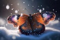 butterfly flitting among the snowflakes, its colorful wings shining in the light