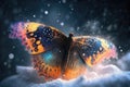 butterfly flitting among the snowflakes, its colorful wings shining in the light
