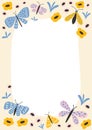 Butterfly floral letter frame. Cute pastel border with butterflies, flowers and leaves for kids party invitation.