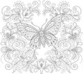 Butterfly and floral ornament. Adult antistress coloring page Royalty Free Stock Photo