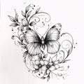 butterfly with floral ornament, black and white vector illustration Royalty Free Stock Photo