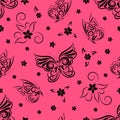 Butterfly and flower stylized drawn with a black line vector seamless pattern. Insect in the meadow seamless texture Royalty Free Stock Photo