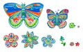 Butterfly flower watercolor set. Floral ornamental pattern. Hand made colorful art design as kid illustration for cloth