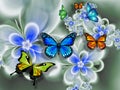 Butterfly on flowers, abstraction. Wallpaper for the wallsn. 3D rendering.