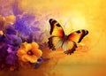 Butterfly and flowers on grunge background with splashes , generative AI