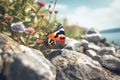 Butterfly flowers stone. Generate AI Royalty Free Stock Photo